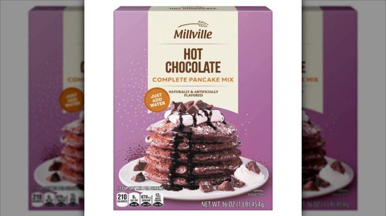 Box of Aldi hot chocolate-flavored pancake mix