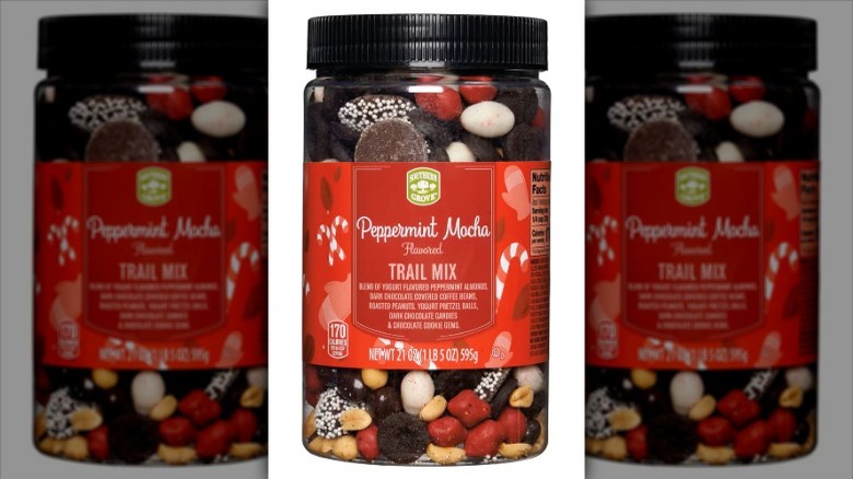 Container of Aldi peppermint mocha trail mix