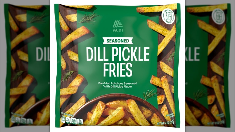 A bag of the frozen Aldi-branded seasoned dill pickle fries