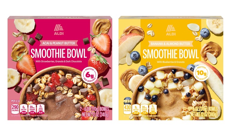 Two different-flavored boxes of the ALDI Smoothie Protein Bowls
