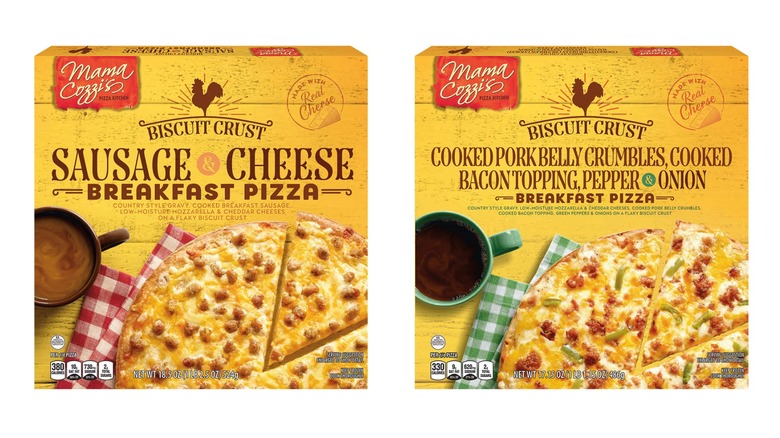 Two boxes of different flavors of Mama Cozzi's Biscuit Crust Breakfast Pizzas