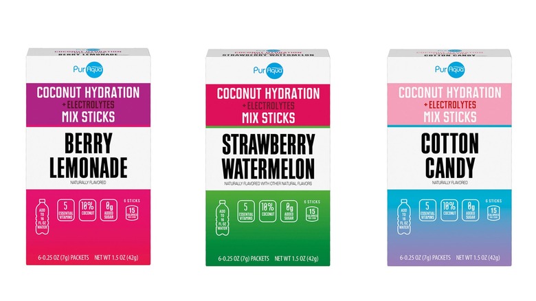 Three boxes of the PurAqua Coconut Hydration and Electrolytes Mix Sticks