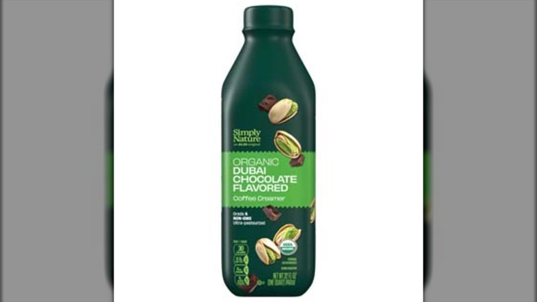 A bottle of the Simply Nature Organic Dubai Chocolate Flavored Creamer