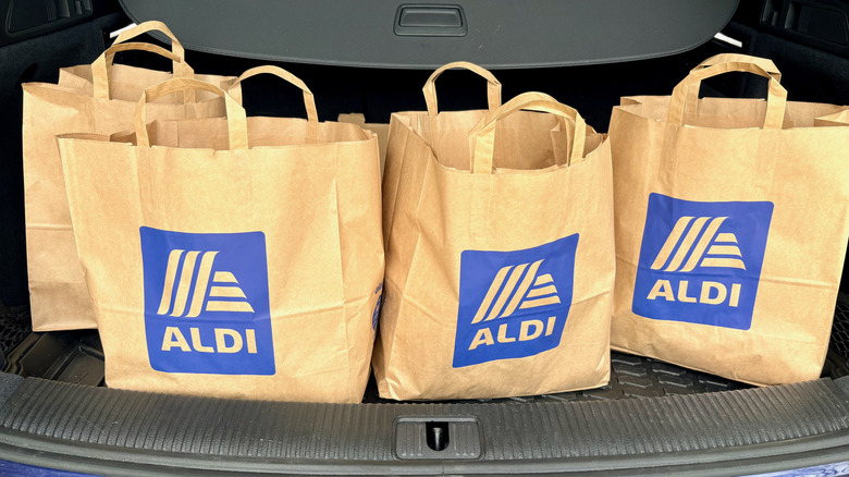Paper Aldi grocery bags sitting in the trunk of a car.
