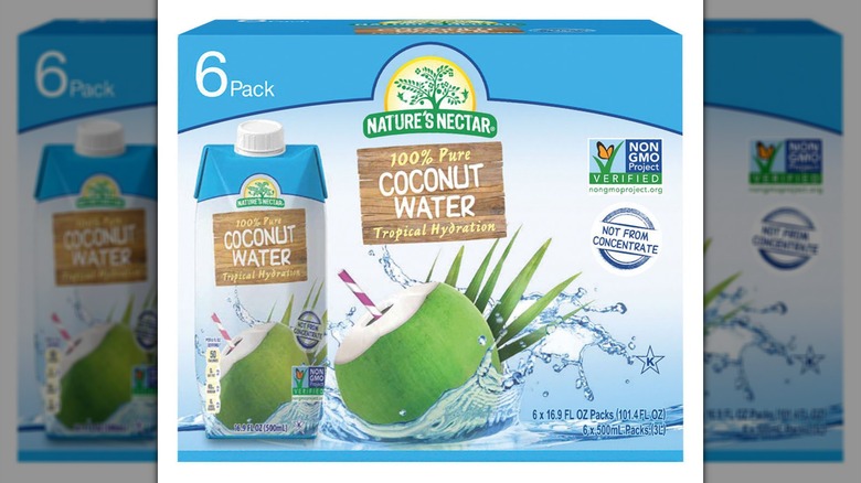 A 6-pack box of Nature's Nectar 100% Pure Coconut Water