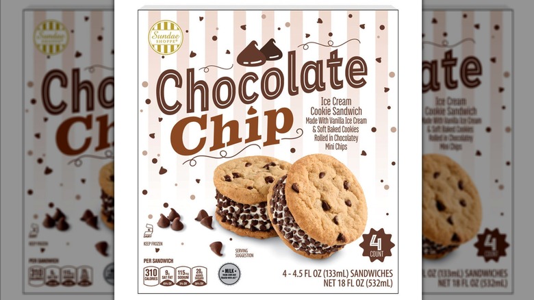 A box of the Sundae Shoppe Chocolate Chip Ice Cream Sandwiches