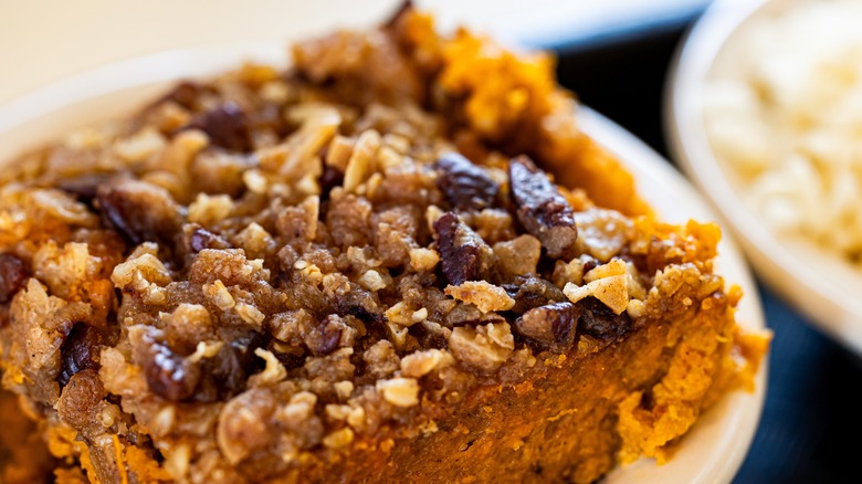 sweet potato casserole on a white plate