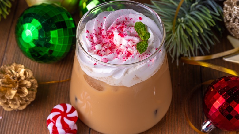 iced peppermint mocha with holiday decorations