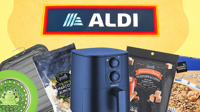 Aldi sign and assorted Aldi products on yellow background