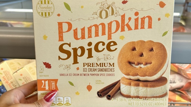hand holding box of pumpkin spice ice cream sandwiches