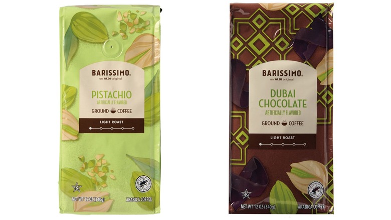 Barissimo Pistachio and Dubai Chocolate ground coffee in packaging on white background