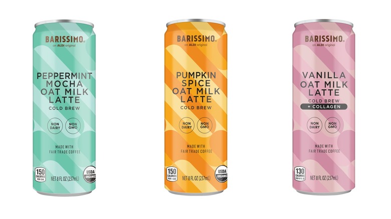Barissimo Peppermint Mocha, Vanilla, and Pumpkin Spice Oat Milk Lattes in cans on white background
