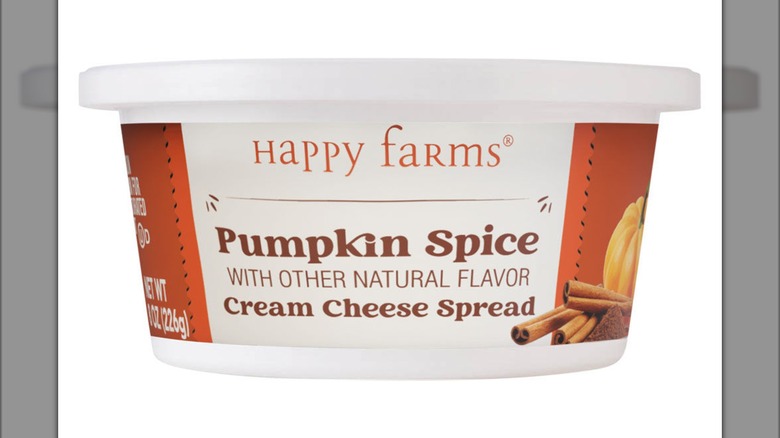 Happy Farms Pumpkin Spice Cream Cheese Spread in tub on white background