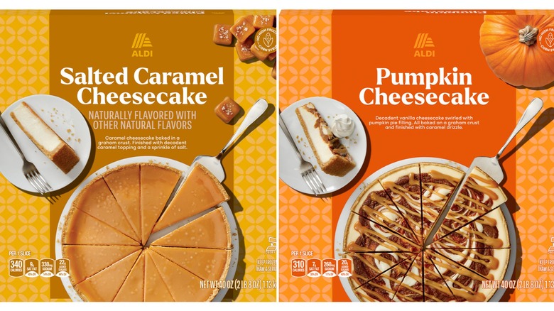 Boxes of Aldi Salted Caramel and Pumpkin Cheesecake side by side on a white background