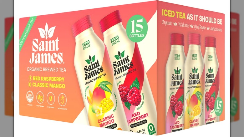 A box of Saint James Organic Brewed Tea with 15 bottles