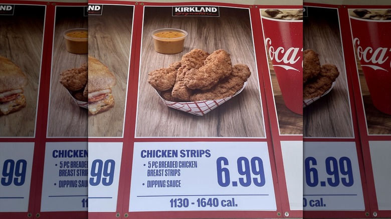 A poster of the chicken strips available at Costco's Kirkland Signature Food Court