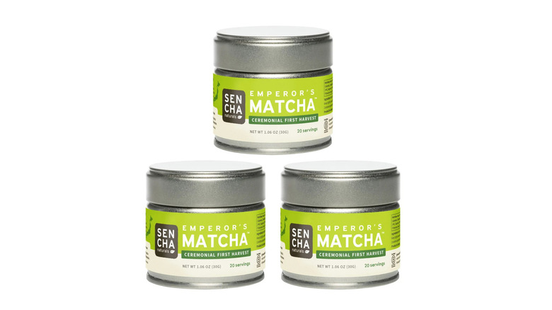 Sencha Naturals Emperor's matcha green tea tins on a white background.