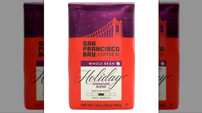San Francisco Bay Holiday Signature Blend Whole Bean Coffee in package on white background