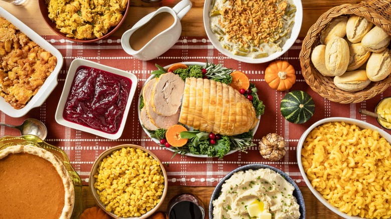 Complete Gourmet Thanksgiving Turkey Dinner on patterned tablecloth