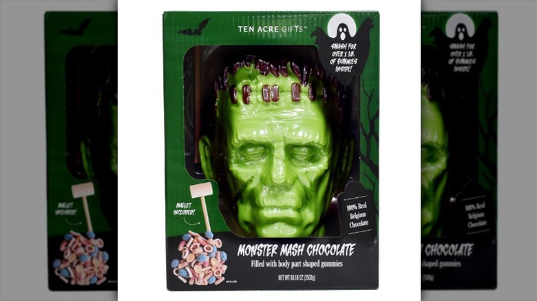 Ten Acre Gifts Monster Mash Chocolate Head in cardboard and plastic packaging on a white background.