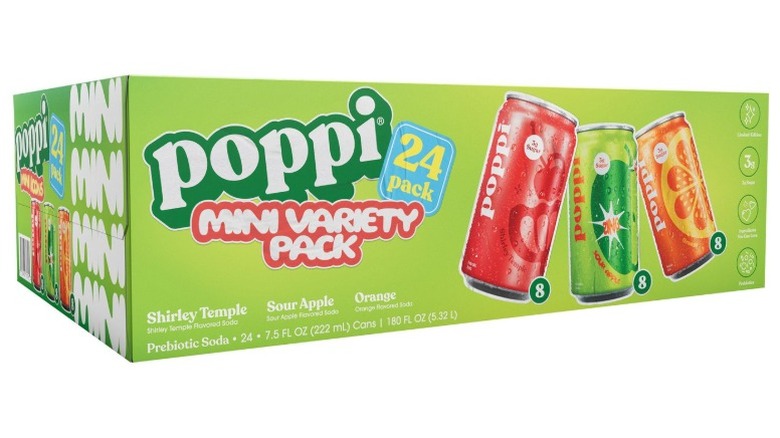 Poppi Prebiotic Soda Mini Variety Pack in cardboard packaging on a white background.