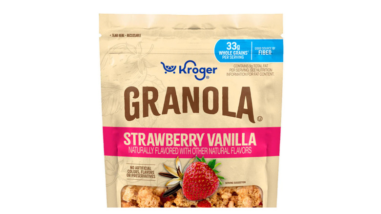 A pouch of Kroger Strawberry Vanilla Granola on a white background.