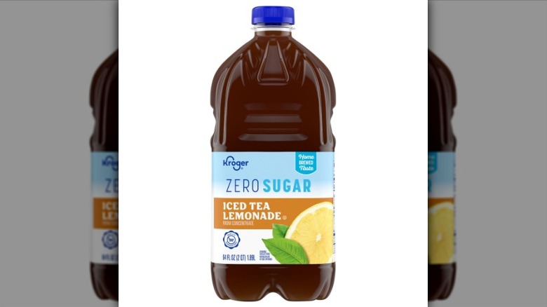 A plastic bottle of Kroger Zero Sugar Iced Tea Lemonade Drink on a white background.