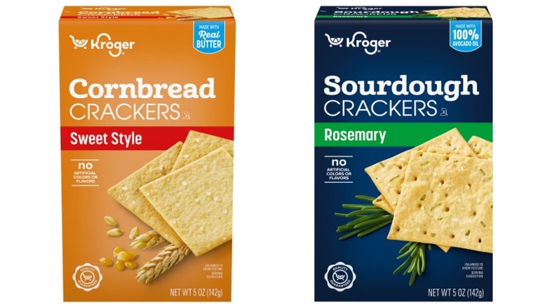 Two boxes of Kroger Sweet Style Cornbread Crackers and Rosemary Sourdough Crackers on a white background.