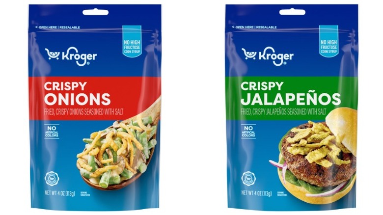 Two pouches of Kroger Crispy Onions and Kroger Crispy Jalapeños on a white background.
