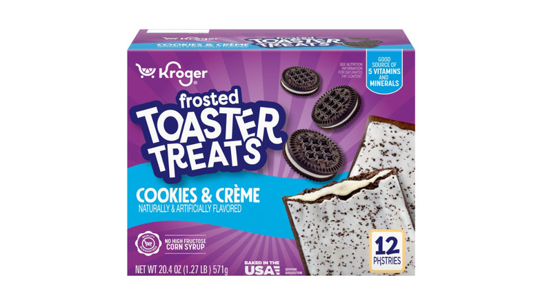 A box of Kroger Frosted Cookies and Créme Toaster Treats on a white background.