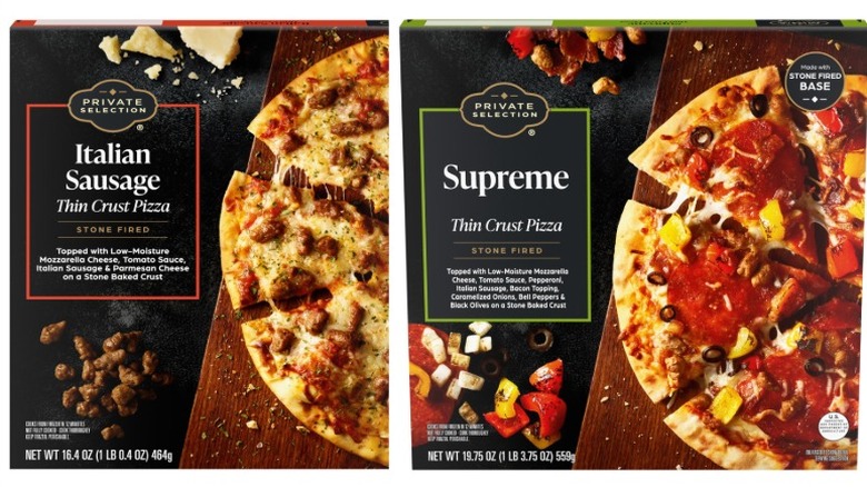 Private Selection Italian Sausage Thin Crust Pizza and Private Selection Supreme Thin Crust Pizza on a white background.
