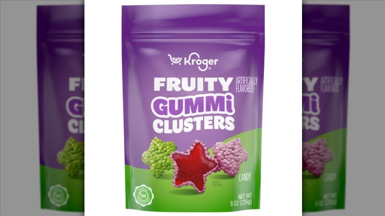 A pouch of Kroger Fruity Gummi Clusters on a white background.
