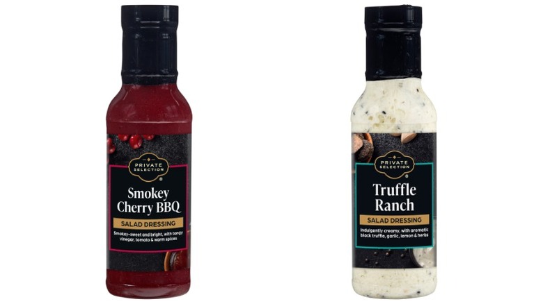bottles of Private Selection smokey cherry BBQ and truffle ranch salad dressings