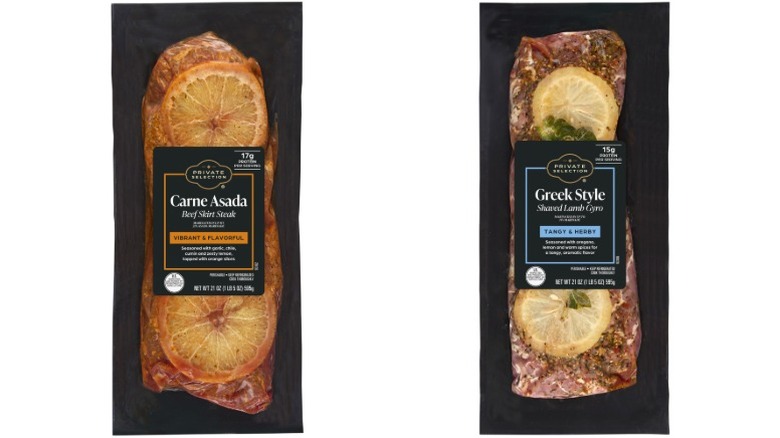 packages of Private Selection marinated carne asada-style skirt steak and Greek-style lamb