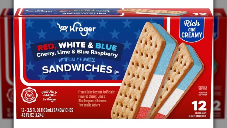 box of Kroger red, white, and blue frozen dairy dessert sandwiches