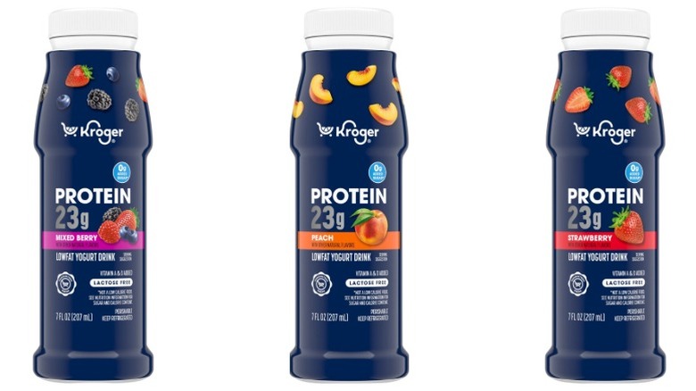 three bottles of Kroger protein low fat yogurt drink in mixed berry, peach, and strawberry flavors
