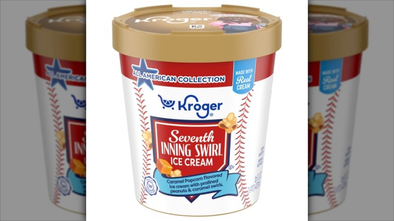 A pint of Kroger Seventh Inning Swirl ice cream on a white background.