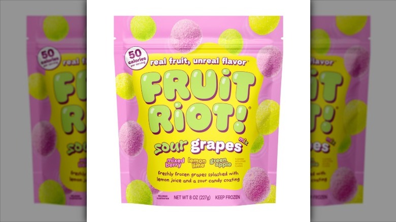 A bag of Sour Grapes Fruit Riot! on a white background.