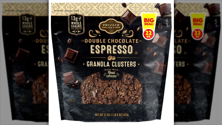 A bag of Private Selection Double Chocolate Espresso Granola Clusters on a white background.