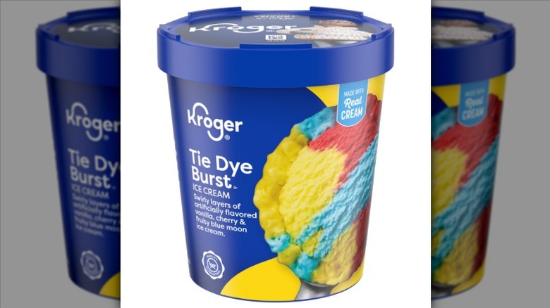 A pint of Kroger Tie Dye Burst ice cream on a white background.