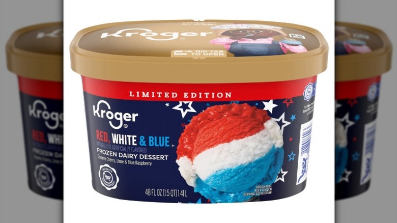 A tub of Kroger Red White and Blue Frozen Dairy Dessert on a white background.