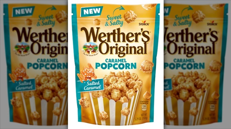 A bag of Werther's Original Salted Caramel Popcorn on a white background.