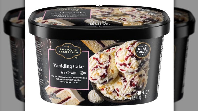 A tub of Private Selection Wedding Cake Ice Cream on a white background.