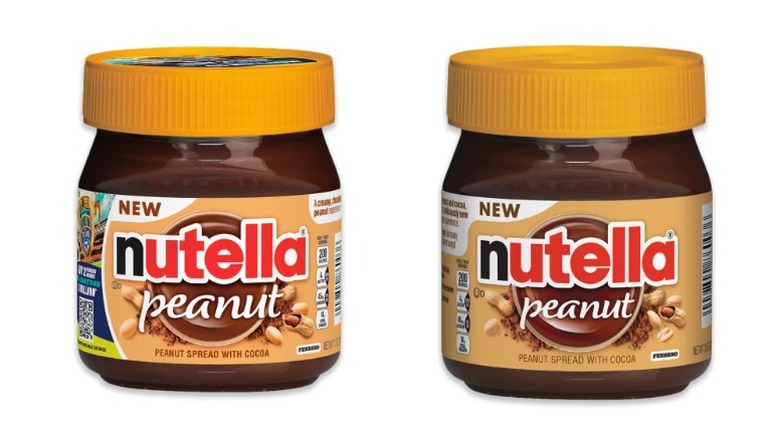 Two jars of Nutella Peanut Spread with Cocoa on a white background.