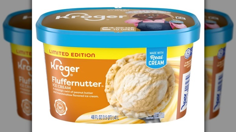 A tub of Kroger Fluffernutter ice cream on a white background.