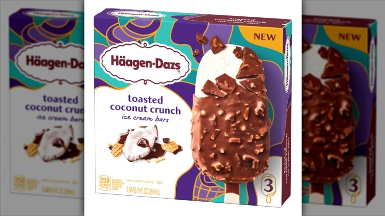 A box of Häagen-Dazs Toasted Coconut Crunch Ice Cream Bars on a white background.