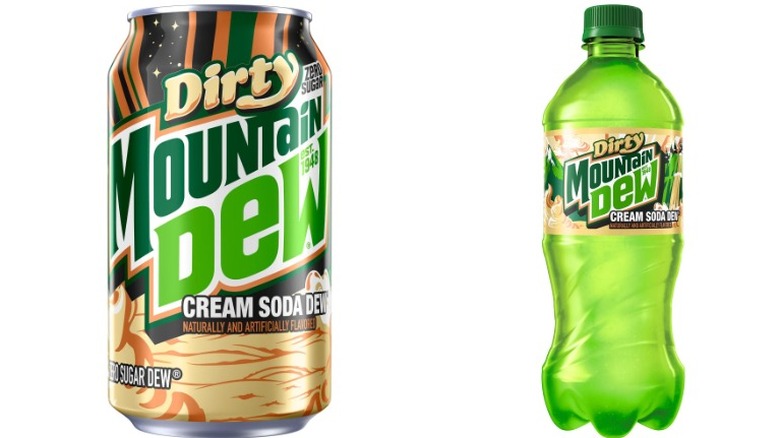can and bottle of Dirty Mountain Dew cream soda
