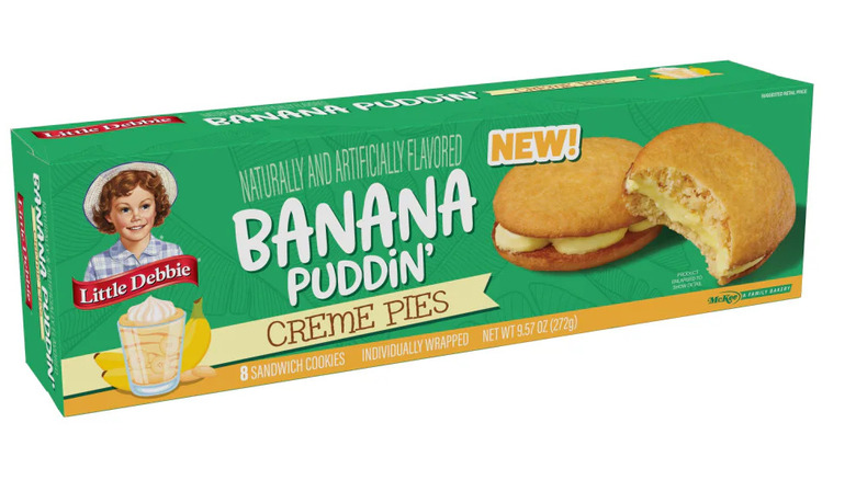 Box of Little Debbie banana puddin' creme pies on a white background