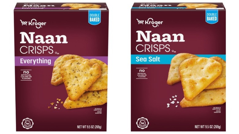 two boxes of Kroger Naan Crisps in everything and sea salt flavors