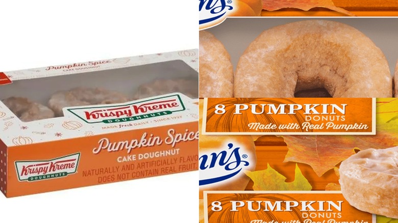 A box of  Krispy Kreme Pumpkin Spice Cake Doughnuts and a box of Entenmann's Pumpkin Donuts